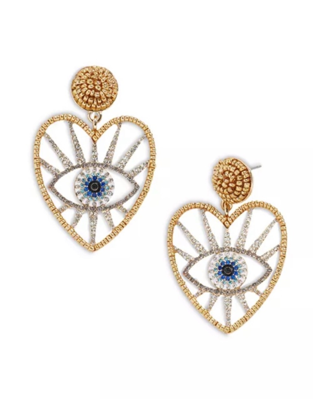 NEW Baublebar Gold Heart Evil Eye Drop Earrings with Blue Crystal Center